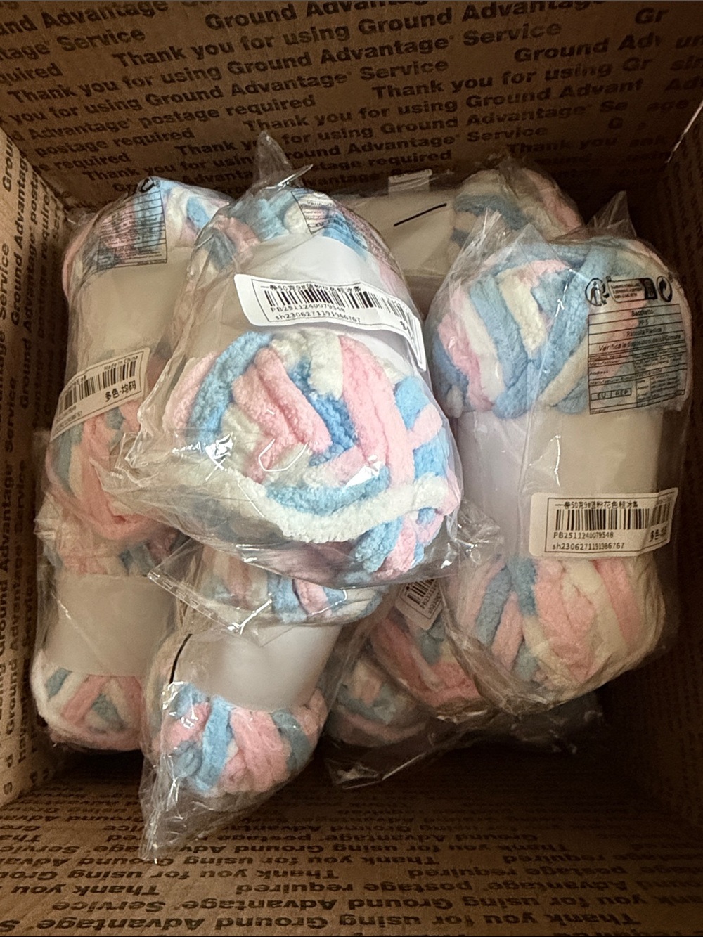 Plush Chunky Yarn Cake in Pastel Pink, Blue & White